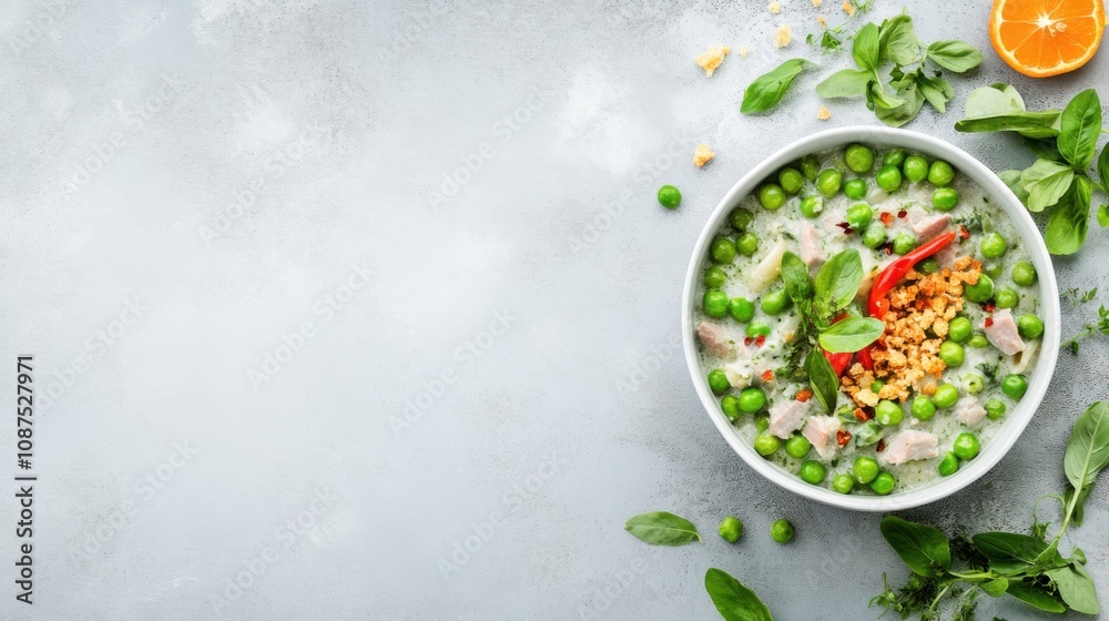 A vibrant bowl of creamy green soup garnished with peas, herbs, and red chili, surrounded by fresh ingredients on a gray background. A vibrant bowl of creamy green soup garnished with peas, herbs, and red chili, surrounded by fresh ingredients on a gray background.