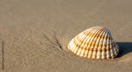 Serene seashell on sandy beach at golden hour