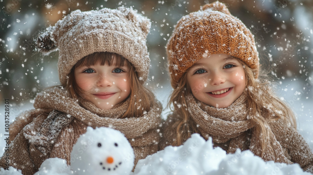 Happy children playing with snow, making a snowman Happy children playing with snow, making a snowman
