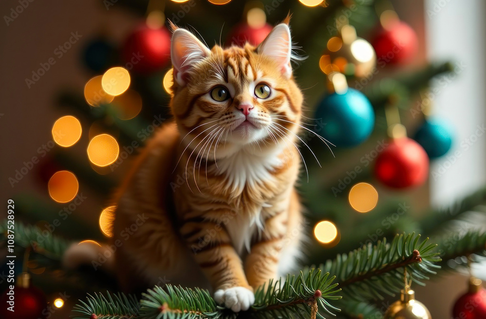 A ginger cat with bright eyes sits on a Christmas tree surrounded by colorful ornaments in a festive living room A ginger cat with bright eyes sits on a Christmas tree surrounded by colorful ornaments in a festive living room