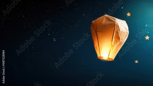 A glowing lantern floats in the night sky, creating a serene and magical atmosphere among the stars.