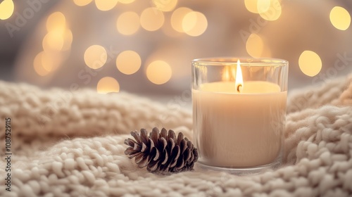 Warm candlelight on a knitted blanket creates a cozy atmosphere, with a pine cone and bokeh lights adding festive charm.