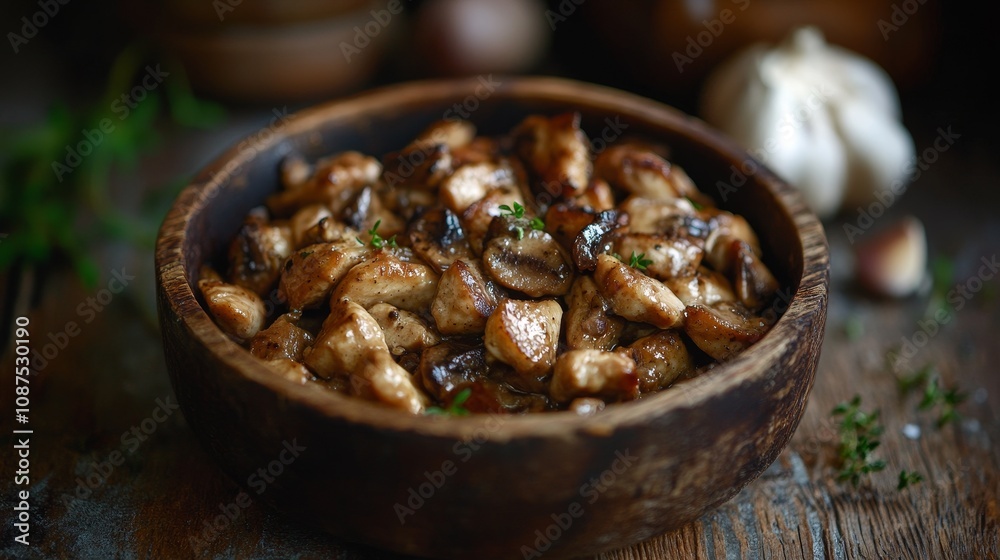 Rustic wooden bowl filled with garlic chicken and mushrooms, garnished with thyme; perfect for hearty dinner ideas. Rustic wooden bowl filled with garlic chicken and mushrooms, garnished with thyme; perfect for hearty dinner ideas.