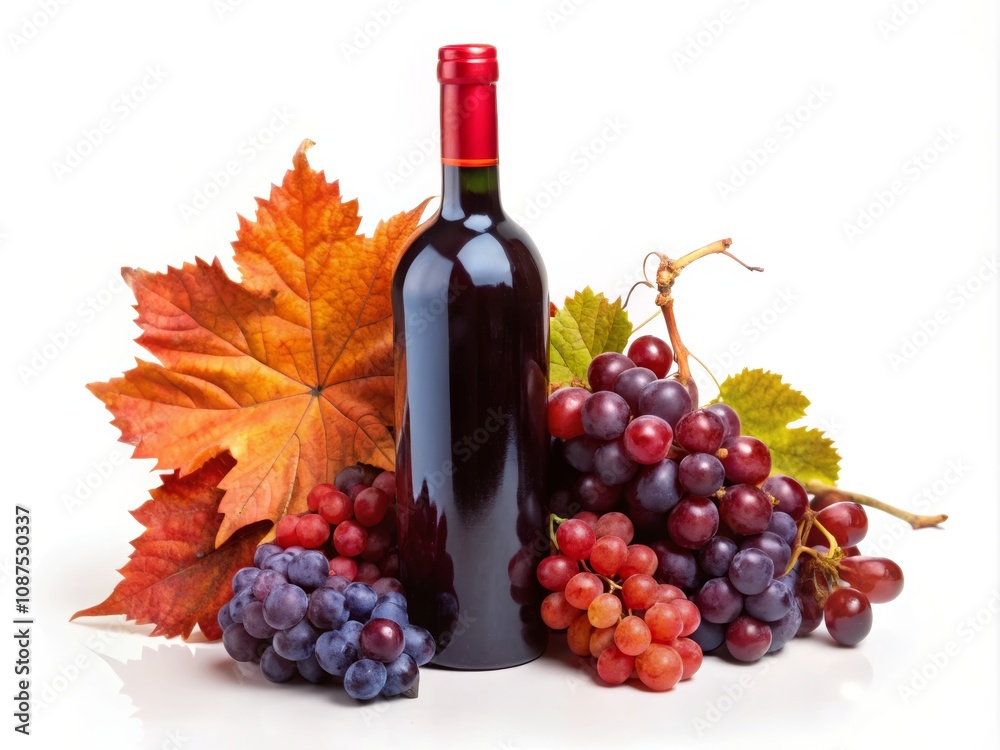 Obraz premium Elegant Red Wine Bottle Surrounded by Lush Ripe Grapes and Colorful Autumn Leaves, Perfect for Celebrating Harvest and Indulging in Fine Flavors