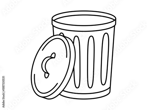 Hand drawn cute outline illustration of big garbage can with open lid. Flat vector trash bin, environmental pollution design in line art doodle style. Ecology sticker, icon. Rubbish disposal. Isolated