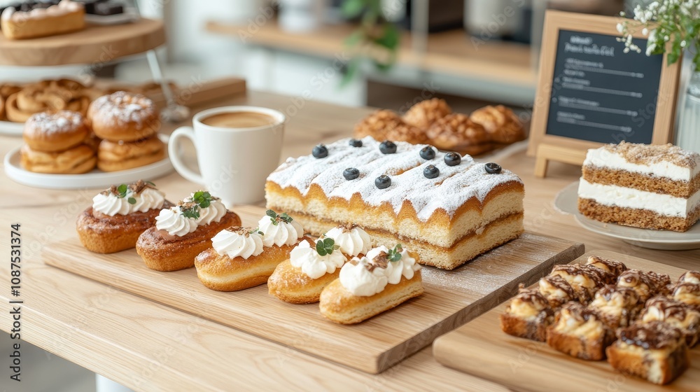 Coffee and bakery coffee dessert pairing carefully arranged pastries served alongside freshly brewed coffee spotlight artisan cake display tableware natural wood contemporary presentation, Coffee and bakery coffee dessert pairing carefully arranged pastries served alongside freshly brewed coffee spotlight artisan cake display tableware natural wood contemporary presentation,