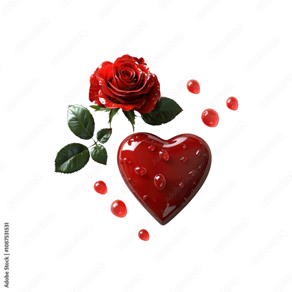 Red Rose and Heart with Dewdrops - Romantic Valentine's Day Image Red Rose and Heart with Dewdrops - Romantic Valentine's Day Image