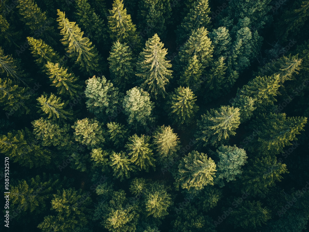 A dense forest of evergreen trees viewed from directly above A dense forest of evergreen trees viewed from directly above