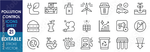 A set of line icons related to Pollution Control. Pollution, noise, soil, air, water, ocean cleaning, recycle, plant trees, eco vehicles, and so on. Vector editable stroke.