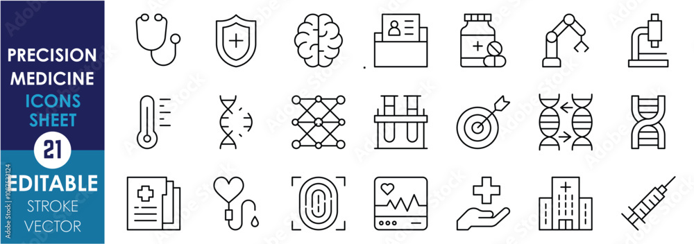 A set of line icons related to Precision Medicine. Stethoscope, health, shield, fingerprint, dna, blood, network, report, target, heartbeat, and so on. Vector editable stroke. A set of line icons related to Precision Medicine. Stethoscope, health, shield, fingerprint, dna, blood, network, report, target, heartbeat, and so on. Vector editable stroke.