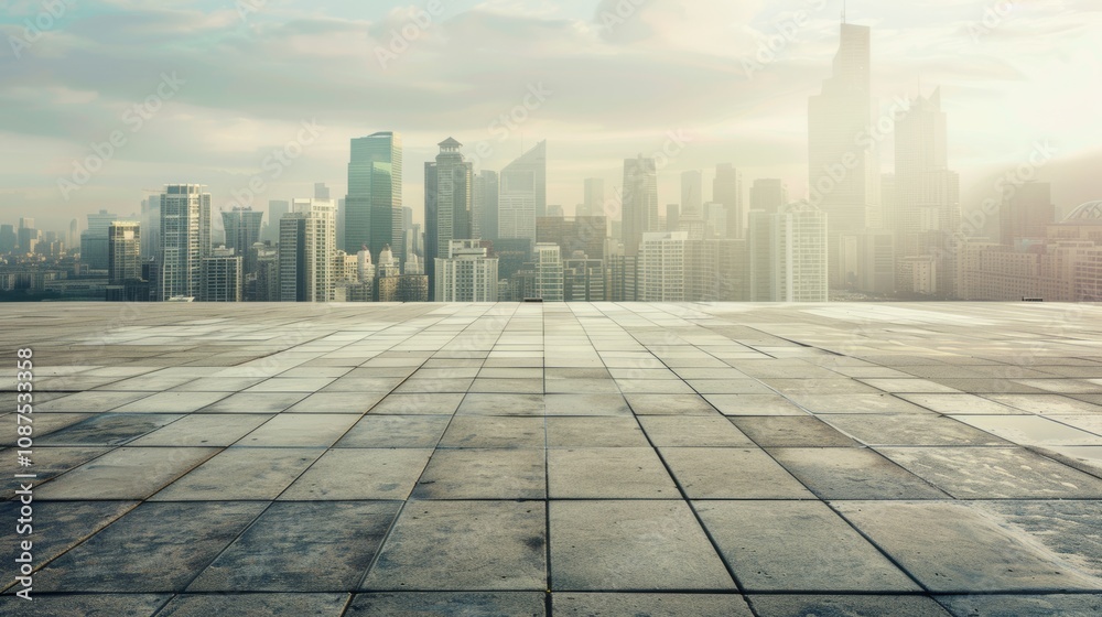 Empty square floor with city skyline background, Urban square with modern architectural masterpieces, dynamic composition Empty square floor with city skyline background, Urban square with modern architectural masterpieces, dynamic composition