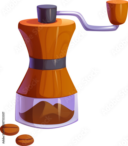 Coffee grinder or burr mill for drink of cooking process, vector icon. Manual coffee beans grinder mill with handle, coffee preparation equipment or kitchen appliance and utensils for coffee making