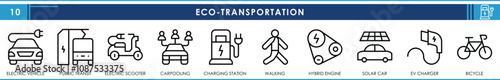 A set of line icons related to Eco-Transportation. Electrical Vehicle, public transportation, charger, hybrid, solar, bicycle, and so on. Vector editable stroke.