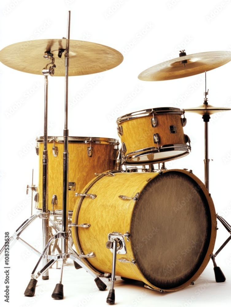 A wooden drum set with cymbals, designed for musical performance and rhythm creation. A wooden drum set with cymbals, designed for musical performance and rhythm creation.