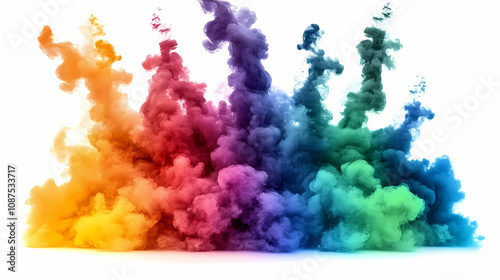 Bright rainbow paint color powder festival explosion burst isolated white background. Rainbow Smoke Clouds. Illustration