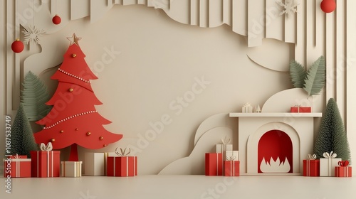 Cozy Christmas living room, paper cut style, a decorated tree in red and gold, gifts under it, warm lighting from a fireplace, soft shadows and intricate paper layers, Photorealistic