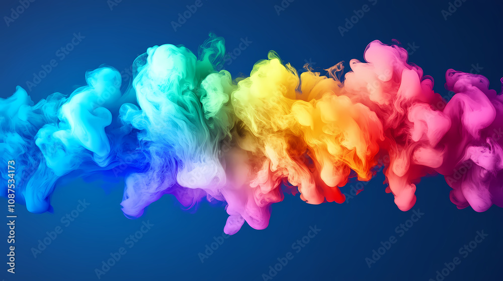 Fototapeta premium A vibrant cloud of smoke amidst a dark blue sky during a rainbow - colorful image. Rainbow Smoke Clouds. Illustration