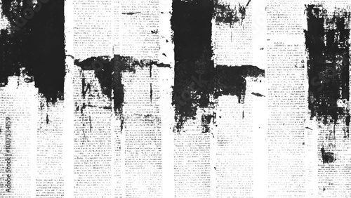 Vector white and black newspaper paper grunge vintage old aged texture. Vintage grunge newspaper collage background. Newspaper with old grunge vintage unreadable paper texture background.