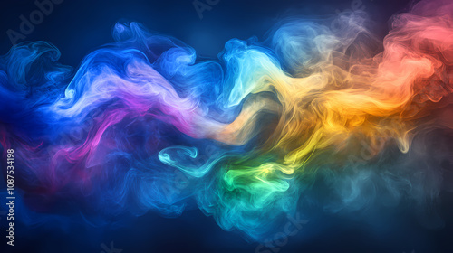 A vibrant cloud of smoke amidst a dark blue sky during a rainbow - colorful image. Rainbow Smoke Clouds. Illustration