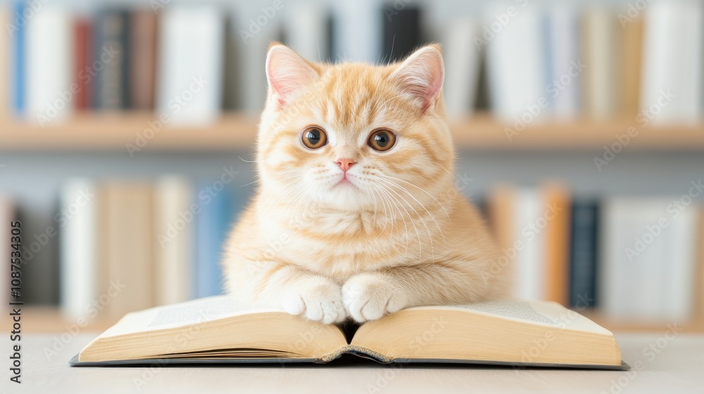 Cat Sitting on Open Book in Antique Library Cat Sitting on Open Book in Antique Library