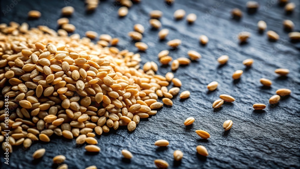 Obraz premium Close-up of sesame seeds on slate, highlighting their subtle patterns and texture.