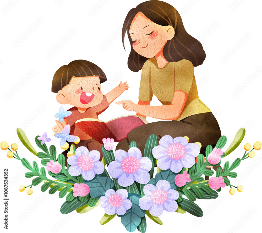 Hand-drawn mother teaching son to read gently Watercolor Hand-drawn mother teaching son to read gently Watercolor