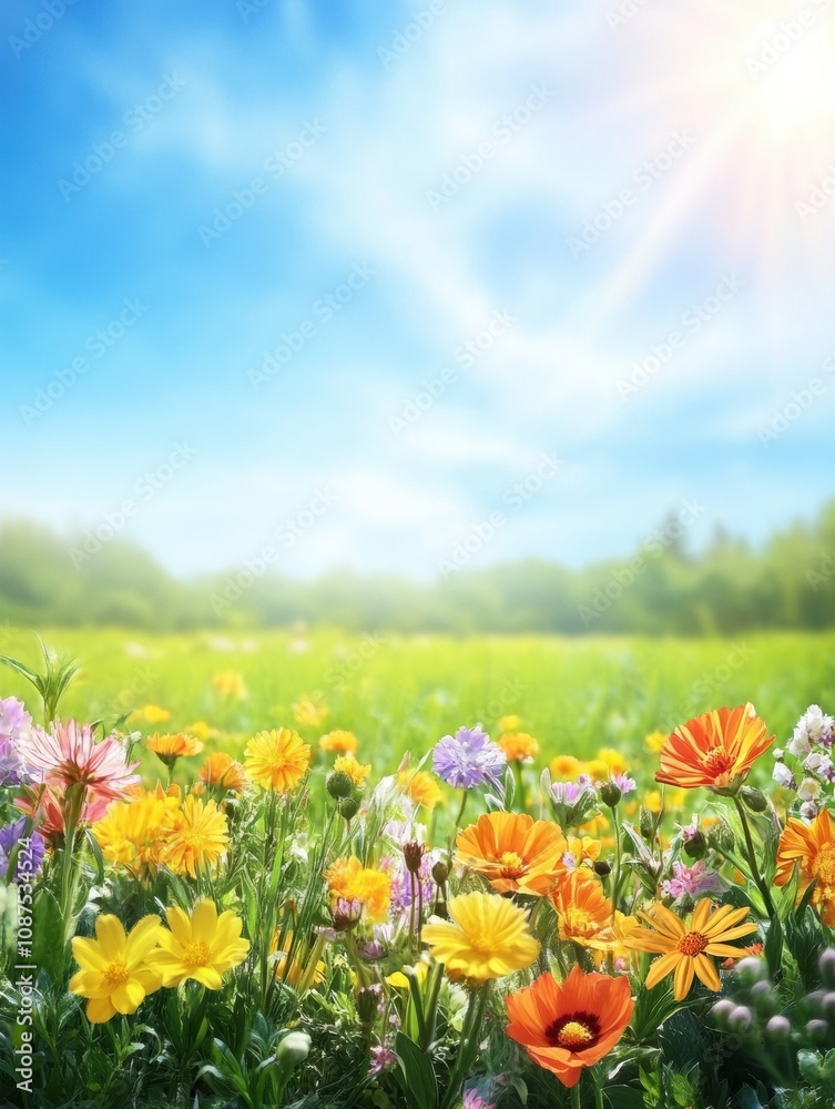 Obraz premium A vibrant display of colorful flowers fills the lush green meadow, basking in the warmth of sunshine and clear skies. Generative AI