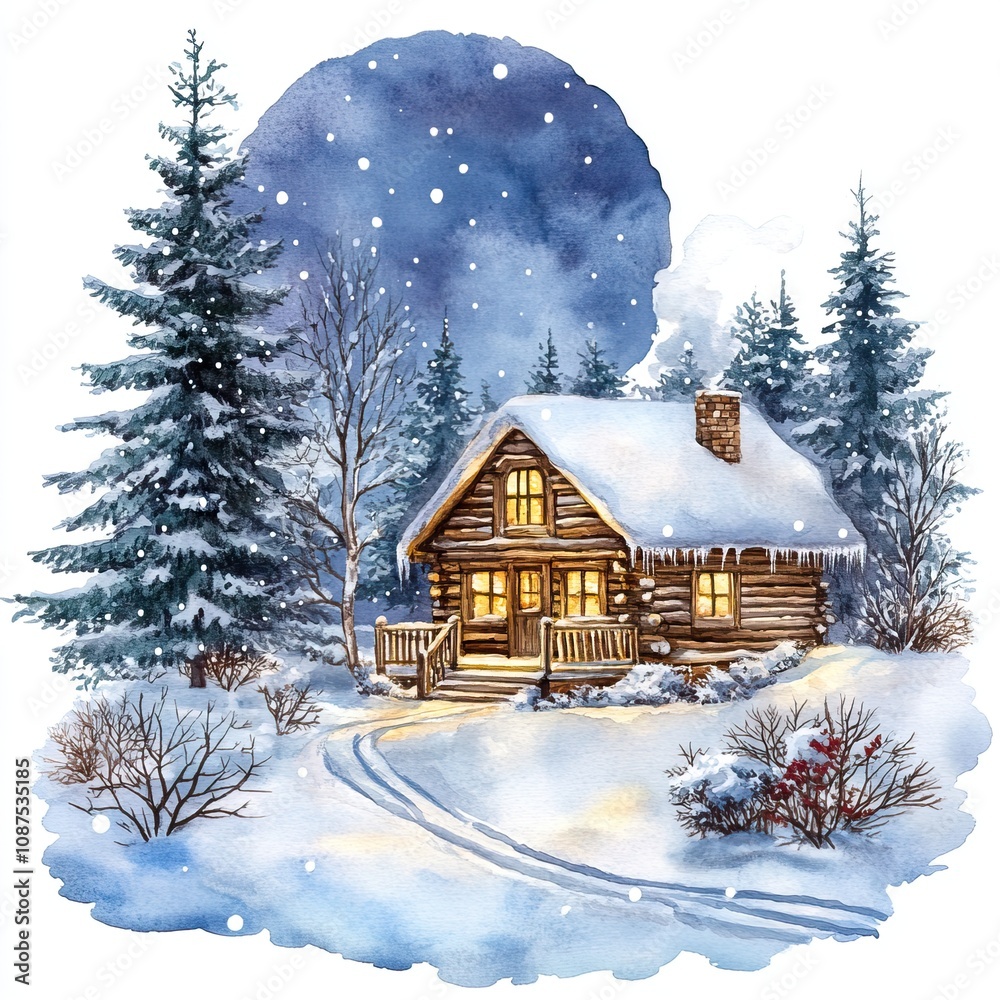 Naklejka premium A cozy log cabin surrounded by snow-covered trees under a starry night sky, evoking warmth and tranquility.
