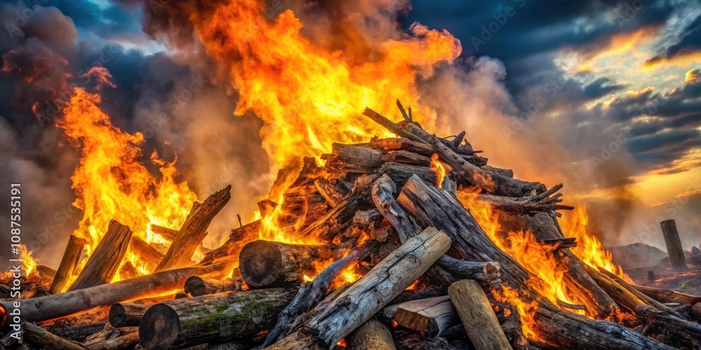 A large bonfire with flames reaching high into the sky and smoke billowing upwards, creating a dramatic and fiery spectacle A large bonfire with flames reaching high into the sky and smoke billowing upwards, creating a dramatic and fiery spectacle