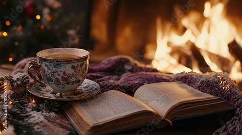 Cup and book near a cozy winter fireplace setting