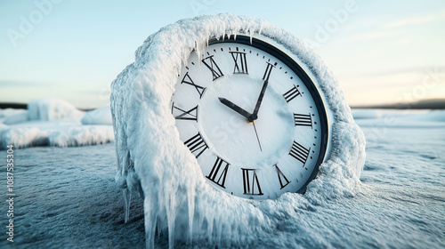 Large analog clock partially covered in ice and snow, depicting a frozen time concept in a snowy landscape
