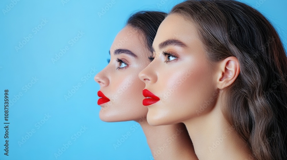 Two Women with Red Lips Looking Up Against a Blue Background Two Women with Red Lips Looking Up Against a Blue Background