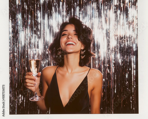 happy woman dancing in front of a silver tinsel backdrop, celebrating the New Year