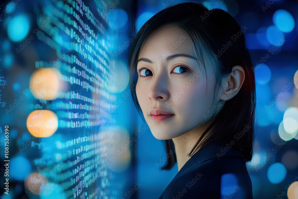 A Thoughtful Asian Woman Gazes at Glowing Digital Code in a Tech-Inspired Setting at Night A Thoughtful Asian Woman Gazes at Glowing Digital Code in a Tech-Inspired Setting at Night