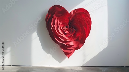A heart-shaped red paper cutout, artistically adhered to a white wall, creating a striking contrast.