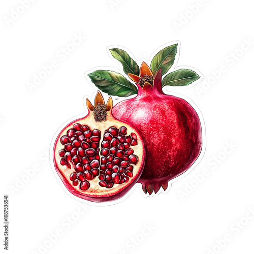 Juicy Pomegranate Fruit with Seeds, Botanical Illustration photo