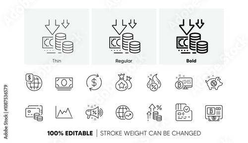 Hot loan, Usd exchange and Inflation line icons. Pack of World statistics, Deflation, Bitcoin system icon. Money, Piggy sale, Sale megaphone pictogram. Diagram, Loyalty points, Bitcoin atm. Vector