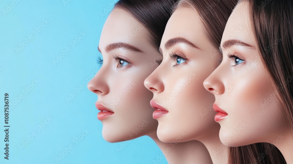 Three Women with Perfect Skin and Makeup Looking to the Right Three Women with Perfect Skin and Makeup Looking to the Right