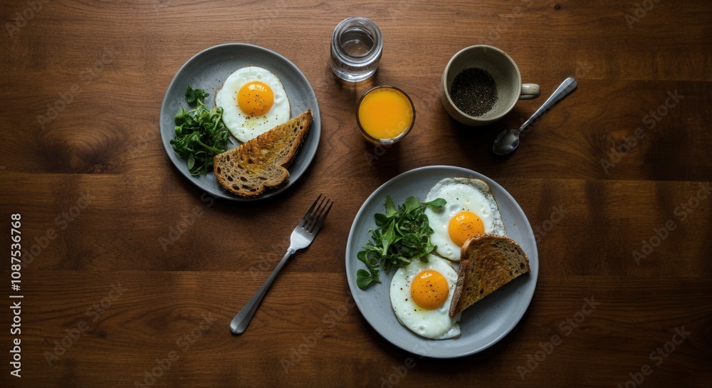 Nutritious breakfast with eggs, toast, fresh greens on wooden table Nutritious breakfast with eggs, toast, fresh greens on wooden table