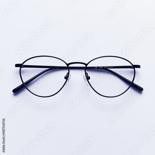 A pair of minimalist black eyeglasses with a sleek design on a plain background.