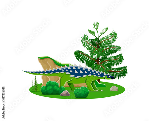 Saichania prehistoric dinosaur character. Isolated cartoon vector ancient herbivore reptile animal with spiked back in natural landscape with rock, tree and green plants. Late cretaceous era lizard