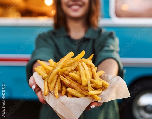 Close up of crispy french fries held by person in front of food truck
