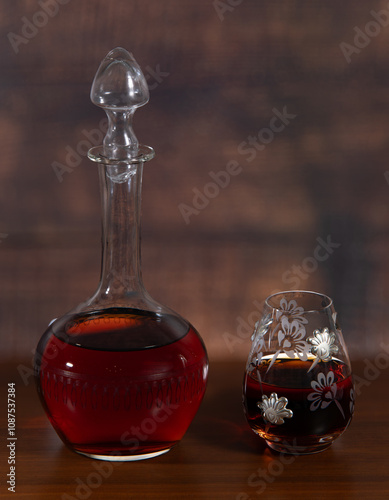 Bottle of whiskey served in an ornate glass