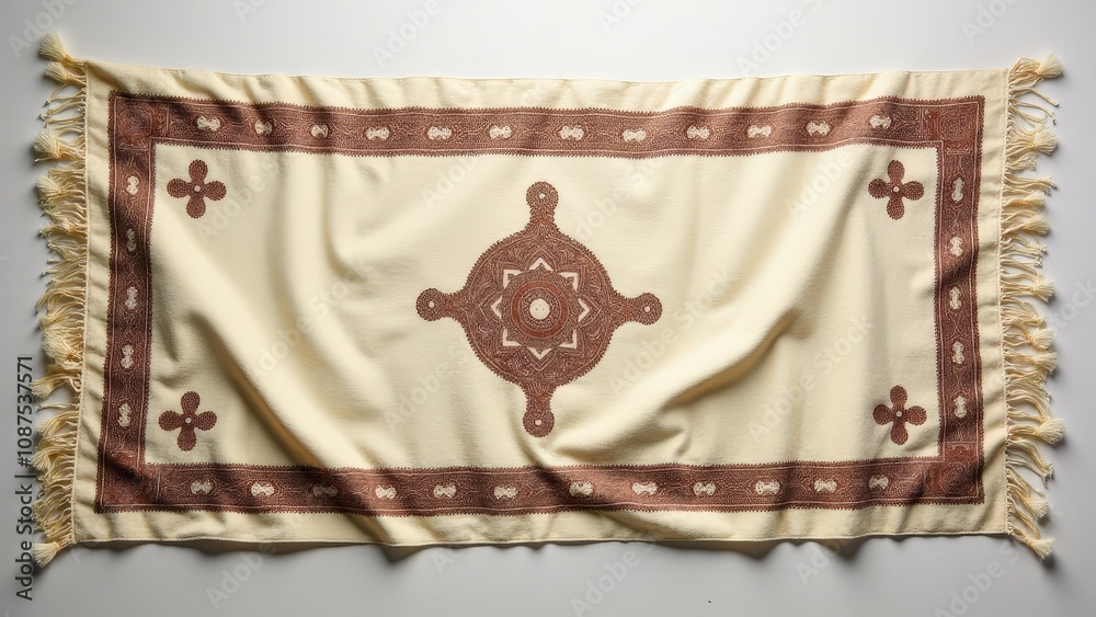 A traditional prayer shawl adorned with intricate embroidery and tassels, symbolizing spiritual and cultural significance.