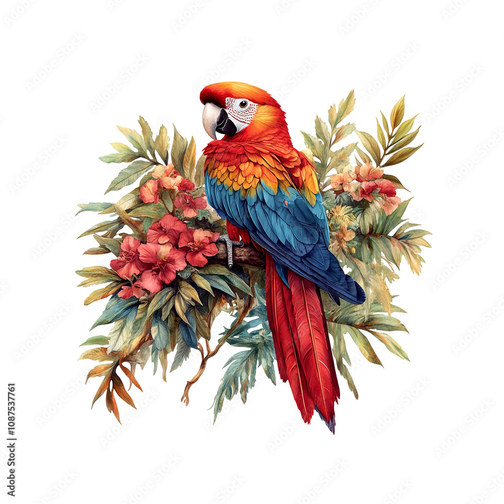 Obraz premium Scarlet Macaw Perched on Tropical Branch with Vibrant Flowers