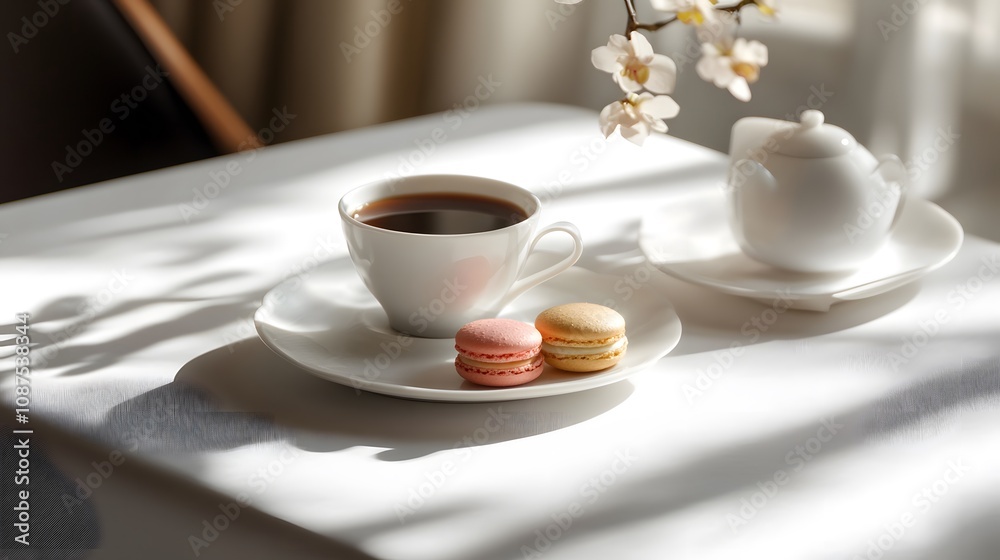 Delightful Coffee and Colorful Macarons on a Soft White Tablecloth, Perfect for Afternoon Tea or Dessert Table Setting with a Touch of Elegance Delightful Coffee and Colorful Macarons on a Soft White Tablecloth, Perfect for Afternoon Tea or Dessert Table Setting with a Touch of Elegance