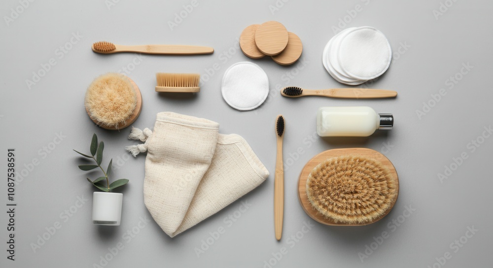 Eco-friendly bathroom accessories on neutral background Eco-friendly bathroom accessories on neutral background