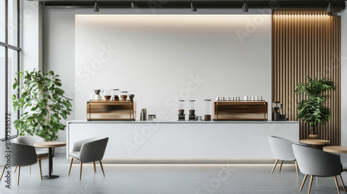 A modern coffeeshop interior with sleek furniture, a cozy seating area, and a coffee counter framed by a minimalist white background.