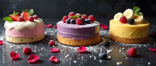 There are three bento cakes with different flavors on the table. Currant bento cake, banana bento cake and strawberry bento cake. Three small cakes.