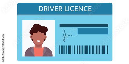 Driver's license card illustration with photo, barcode, and signature in a blue design